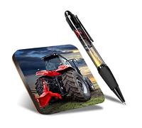 DV DESIGN 1 x Eco Square Coaster & 1 Pen Set - Red Tractor Sunrise Farmer Farm Drink Cup Mug Glass Table Protection Mat #24623