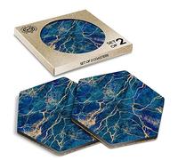 DV DESIGN 2 x Eco Boxed Cork Hexagon Coasters - Navy Blue Marble Stone Effect Drink Cup Mug Glass Table Protection Mat #21087