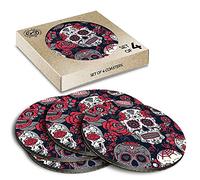 DV DESIGN 4 Set - Red Rose Skulls Calavera Coasters Kitchen Drinks Coaster #14215