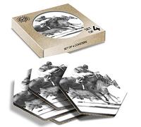 DV DESIGN 4 x Eco Boxed Cork Hexagon Coasters Set - BW - Horse Racing Jockey Race Drink Cup Mug Glass Table Protection Mat #43038