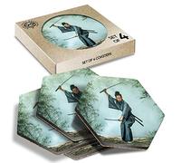 DV DESIGN 4 x Eco Boxed Cork Hexagon Coasters Set - Japanese Samurai Warrior Japan Drink Cup Mug Glass Table Protection Mat #21735
