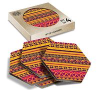 DV DESIGN 4 x Eco Boxed Cork Hexagon Coasters Set - Pretty Tribal Aztec Pattern African Tribe Drink Cup Mug Glass Table Protection Mat #24327