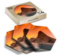 DV DESIGN 4 x Eco Boxed Cork Hexagon Coasters Set - Rock Of Gibraltar Sunset Beach Drink Cup Mug Glass Table Protection Mat #12748