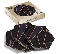 DV DESIGN 4 x Eco Boxed Cork Hexagon Coasters Set - Rose Gold Black Art Deco Elegant Pattern Drink Cup Mug Glass Table Protection Mat #24121