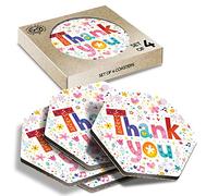 DV DESIGN 4 x Eco Boxed Cork Hexagon Coasters Set - Thank You Cute Pretty Slowers Thanks Drink Cup Mug Glass Table Protection Mat #46354