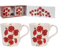 DV Fine China Coffee Mugs with Red Poppy & Bees Design, Set of 2, White, Gift Boxed