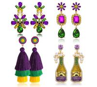 Dvacaman Mardi Gras Earrings Studs Set for Women, Three-Color Tassel Dangle Earrings, Flower Rhinestone Earrings, Carnival Mask Champagne Earrings Stud for Mardi Gras Holiday Party Jewelry Gifts, L