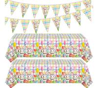 Dvaorc 4 Pack Easter Tablecloth and Banner Party Decoration 2PCS Easter Party Tablecloth Rainbow Plaid Bunny Table Cover 51 x 86 IN Spring Flower Bunny Buffalo Table Cloth & 2PCS Rabbit Banners
