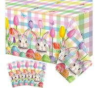 Dvaorc 4 Pack Easter Tablecloth Rainbow Plaid Bunny Table Cover Spring Flower Tablecloth Easter Buffalo Table Cloth Rabbit Check Tulip Tablecloths Party decorations 51 x 86 IN