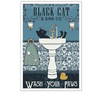 DVBOCS Funny Cat Bathroom Canvas Wall Art Black Cat Wash Your Paws Posters Vintage Bathtub Cat Prints Painting Cute Animal Artwork Wall Decor For Bathroom Restroom Toilet Farmhouse 12x16in Unframed