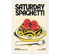DVBOCS Retro Food Canvas Wall Art,Saturday Spaghetti Positive Quote Funky Art Poster Beige Yellow Red Pastel Vintage Aesthetic Nostalgia Print Painting For Decor Kitchen Dining Room 16x24in Unframed