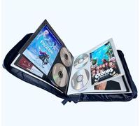 DVD CD Storage Wallet Case with Extra Wide Title Cover Pages for Blu Ray Movie Music Audio Media Disk (Portable Carrying Binder Holder Album Home Organizer)- Blue, 128 disk units, 64 booklet pockets