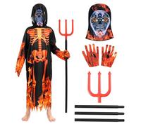DVDGSC Children's Devilish Skeleton Costume: Grim Reaper Costume for Boys - Robe with Hood Skull Mask Gloves Trident - Fire Red Devil Skeleton Costume Halloween Carnival Cosplay Set (M)