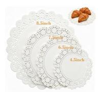 DVDVBOOM 140Pcs White Lace Paper Doilies 4 Sizes, Lace Round Paper Doilies Disposable Placemats Adsorbed Oil for Cake, Fried Food, Wedding Tableware Decoration (White, 4.5, 6.5, 7.5 and 8.5 Inch)