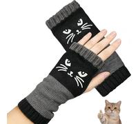 DVDVBOOM Knitted Fingerless Gloves with Cat Embroidery, Thickened Cute Cat Fingerless Gloves for Women, Winter Warm Half Finger Touchscreen Mittens, Valentines Gifts for Women (Black)