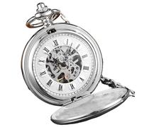 dvegGEE Stainless Steel Vintage Mechanical Pocket Watch Stripe Engraved Double Side Case Skeleton Watch