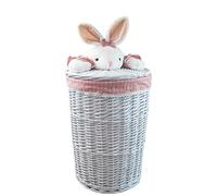 DVier Laundry Basket Willow White Round with Lid Plush Toy Rabbit Pink Size M Diameter 39 cm Height 55 cm