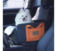 DVIKB Centre Console Dog Car Seat,Small Pet Car Seat for Puppies and Cats with Storage Pocket and Leash,Leather Waterproof Small Dog Seat with Portable Travel Shoulder Strap(Black/orange)