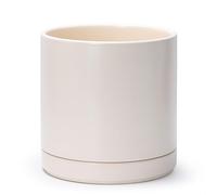 D'vine Dev 10 Inch Ceramic Planter Pot with Drainage Hole and Saucer, Indoor Cylinder Round Planter Pot, Oatmeal, 94-O-E-8