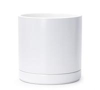D'vine Dev 10 Inch Ceramic Planter Pot with Drainage Hole and Saucer, Indoor Cylinder Round Planter Pot, White, 94-O-L-1