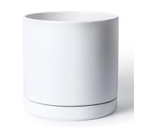 D'vine Dev 12 Inch Ceramic Planter Pot with Drainage Hole and Saucer, Indoor Cylinder Round Planter Pot, White, 94-O-F-1