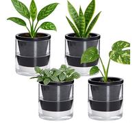 D'vine Dev 4 Inch Design Self Watering Planter for Indoor Plants, Black Terracotta Pot with Cylinder Glass Cup, Set of 4, 37-Z-A-3-F