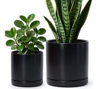 D'vine Dev 6 Inch & 8 Inch Ceramic Planter Pots for Plants with Drainage Hole and Saucer, Medium Plant Pots Set, Black, 94-G-M-2