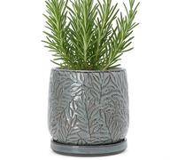 D'vine Dev 6 Inch Embossed Leaves Stoneware Planter Pot with Drainage Hole and Saucer, Graphite Blue, 27-A-X-9