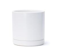 D'vine Dev 8 Inch Ceramic Planter Pot with Drainage Hole and Saucer, Indoor Cylinder Round Planter Pot, White, 94-O-D-1