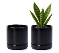 D'vine Dev Set of 2 Plants Pot, 4.7 Inch Ceramic Planter Pot for Plants with Drainage Hole and Saucer, Black, 94-V-B-2