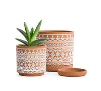D'vine Dev Set of 2 Terracotta Pots, Wave Pattern Planter Pot, 4 Inch and 6 Inch, Pot with Drainage Hole and Saucer, Terracotta/White, 31-958-F-1