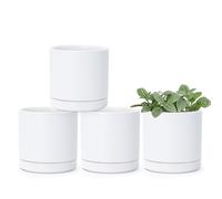 D'vine Dev Set of 4 Small Ceramic Plant Pots, 3.6 Inch Succulent Planter Pot for Plants with Drainage Hole and Saucer, White, 94-F-A-1