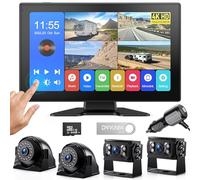 DVKNM 4K RV Backup Camera System 10.1" Quad Split Touchscreen Monitor 4 1080P HD Rear Side View Cameras DVR Recording Bluetooth Music USB Video Play IP69 Waterproof Night Vision for RV Truck Trailer