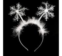 DVOFU Christmas Snowflake Headband White Snowflake Head Boppers with Feather Cute Hair Accessories for Adult Kids New Year Party Gift