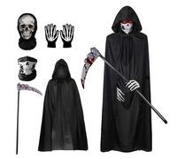 Dwafill Grim Reaper Costume, Men's 4-Piece Halloween Costume, Grim Reaper, Nclusive Cape, Fluorescent Gloves, Skull Sense and Skull Mask, Suitable for Halloween, Carnival (B)