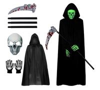 Dwafill Grim Reaper Costume, Men's 4-Piece Halloween Costume, Grim Reaper, Nclusive Cape, Fluorescent Gloves, Skull Sense and Skull Mask, Suitable for Halloween, Carnival (A)