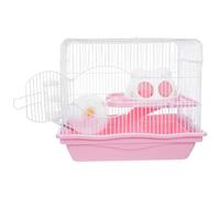 Dwarf Hamster Cage with Castle House, Two Tier Plastic Habitat | Exercise Wheel, Food Bowl, Slide, Water Bottle Included, Pink Finish, for Small Pets and Dwarf Hamsters