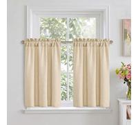 DWCN Beige Faux Linen Kitchen Curtains, 24 Inch Drop Cafe Curtains for Small Windows, Solid Colour Short Window Curtain Tiers for Bathroom, Cupboard, Sink, Rod Pocket, W 26 x L 24 Inch, 2 Panels