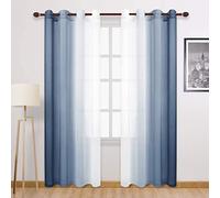 DWCN Blue Ombre Faux Linen Sheer Curtains - Extra Long Gradient Semi Voile Grommet Top Bedroom and Living Room Curtains, 52 x 102 Inches Long, Set of 2 Window Curtain Panels, Denim Blue