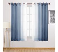 DWCN Blue Ombre Faux Linen Sheer Curtains - Extra Wide Gradient Semi Voile Grommet Top Bedroom and Living Room Curtains, 60 x 63 Inches Long, Set of 2 Window Curtain Panels, Denim Blue