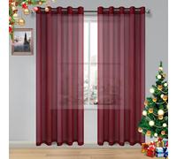DWCN Burgundy Sheer Curtains, Faux Linen Grommet Window Curtain Voile Sheer Drapes for Living Room Bedroom Thanksgiving Day & Christmas Decor Set of 2 Panels 60 x 84 Inch Long, Burgundy Red