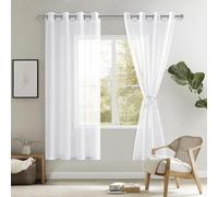 DWCN Curtains with Eyelets Transparent Voile Eyelet Curtain Sheer Voile Curtain with Curtain Ties White 160 x 132 cm (H x W)