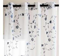 DWCN Embroidery Sheer Curtains Decoration Flora Design Grommet Window Curtain Semi Voile Drapes with Eyelets Window Treatments for Living Room Bedroom 2 Panels 52" W x 63" L Blue