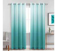 DWCN Faux Linen Ombre Sheer Curtains - Gradient Semi Voile Drapes Bedroom and Living Room Curtains, Set of 2 Grommet Top Window Curtain Panels, 52 x 90 Inch Length, Teal
