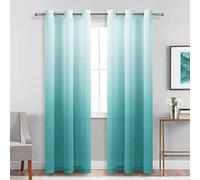 DWCN Faux Linen Ombre Sheer Curtains - Gradient Semi Voile Grommet Top Window Curtains for Bedroom and Living Room, Set of 2 Panels, 42 x 84 Inches Long, Teal