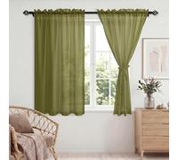 DWCN Green Net Curtains for Windows 54 Drop Semi Transparent Voile Curtain with Tiebacks Rod Pocket Sheer Curtains Light Filtering Home Curtain for Living Room Bedroom Kitchen,W46xL54 Inch,2 Panels