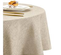 DWCN Linen Beige Faux Linen Round Tablecloth 150cm Water Resistant Table Cloth Wipe Clean Stain-Resistant Polyester Table Cover for Dining Room, Garden, Cafe, Party