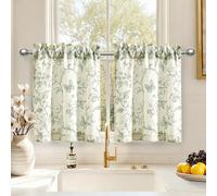 DWCN Linen Kitchen Curtains 36 Inch Length, Floral Tier Curtains Small Drapes for Living Room, Bathroom, Cafe, Small Window, Farmhouse Rod Pocket, 2 Panels, Green on Beige, W26 x L36