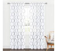 DWCN Moroccan Embroidered Sheer Curtains - Grey Faux Linen Rod Pocket Semi Voile Drapes Geometric Pattern Bedroom and Living Room Curtains, Set of 2 Window Panels, 52 x 95 Inches Long, White & Grey