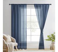 DWCN Navy Blue Voile Curtain Pencil Pleat with Tie Backs Rod Pocket Curtain Sheer for Door 2 Panels, Blue, W55 x L96 Inch